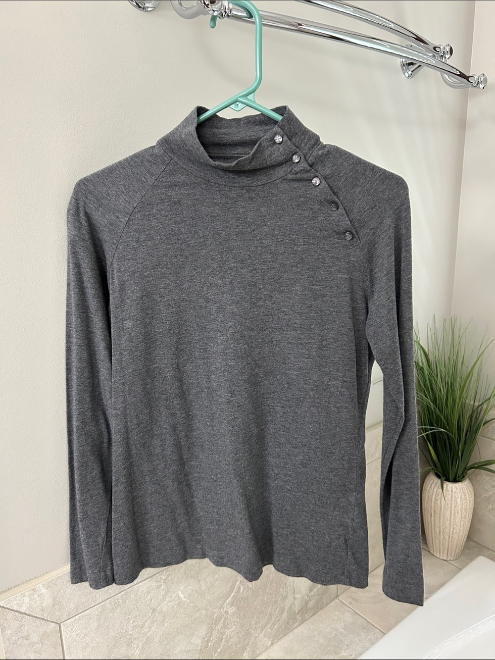 Lands' End Charcoal Grey Mock Neck Long-Sleeve Top with Shoulder Buttons